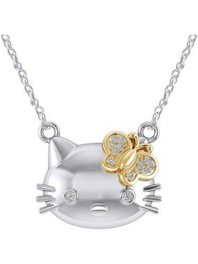 Two-Tone Cat Pendant Necklace with Natural Diamond, 18" Chain, 14k Gold Finish